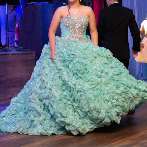 Champagne/Aqua Ruffled Strapless Quinceañera Dress by House of Wu (26800) Size 4 - Picture 3 of 17